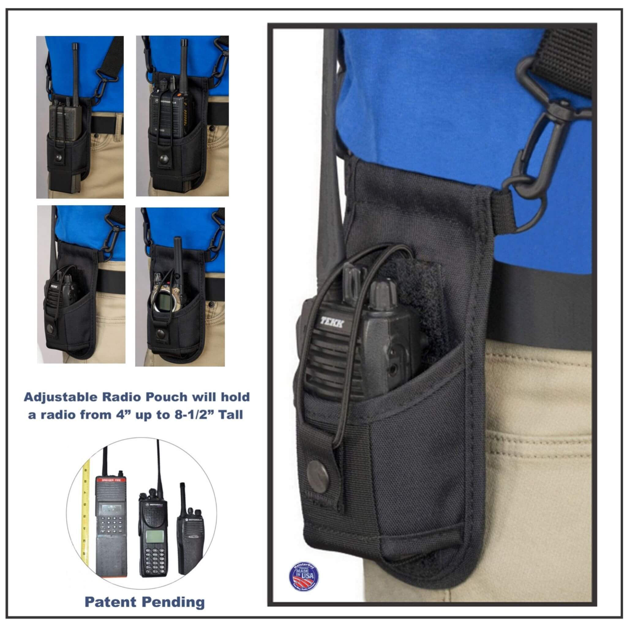 Black adjustable radio pouch with a radio held in place, shown on a shoulder strap radio holster 500.