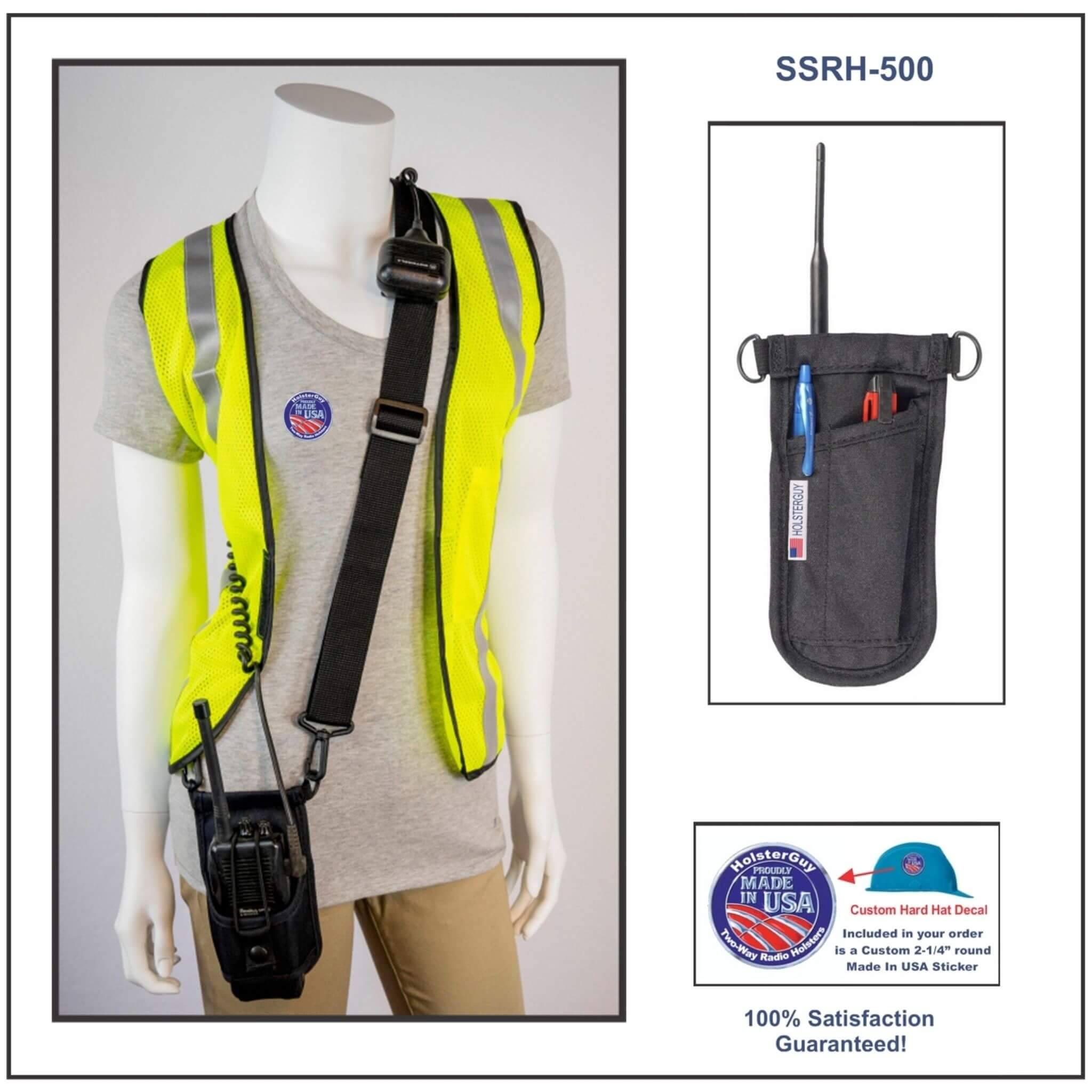 High-visibility safety vest on a mannequin with tool pouch and radio SSRH 500, featuring 'Made in USA' label.