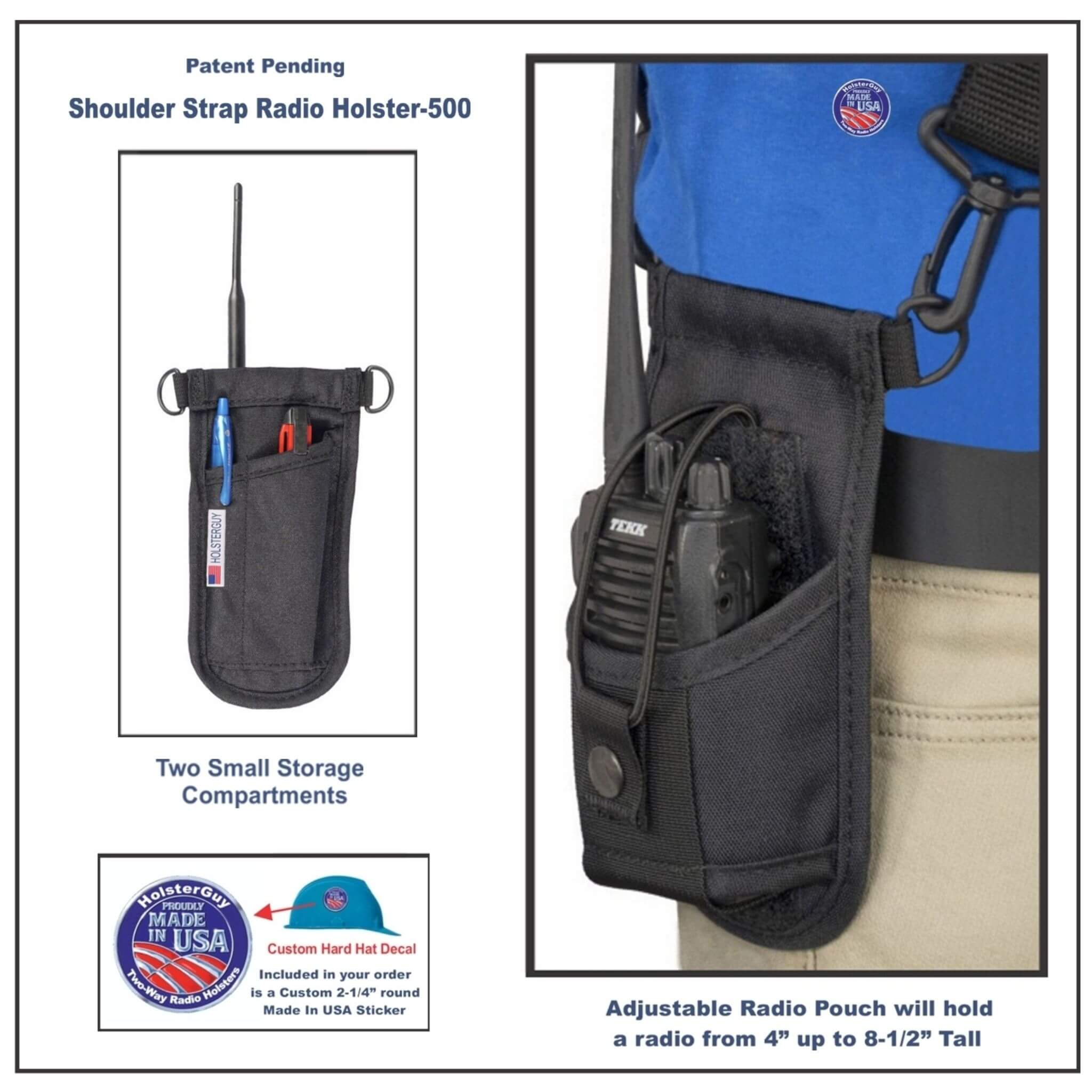 Black radio holster with shoulder strap SSRH-500, featuring text about product features.