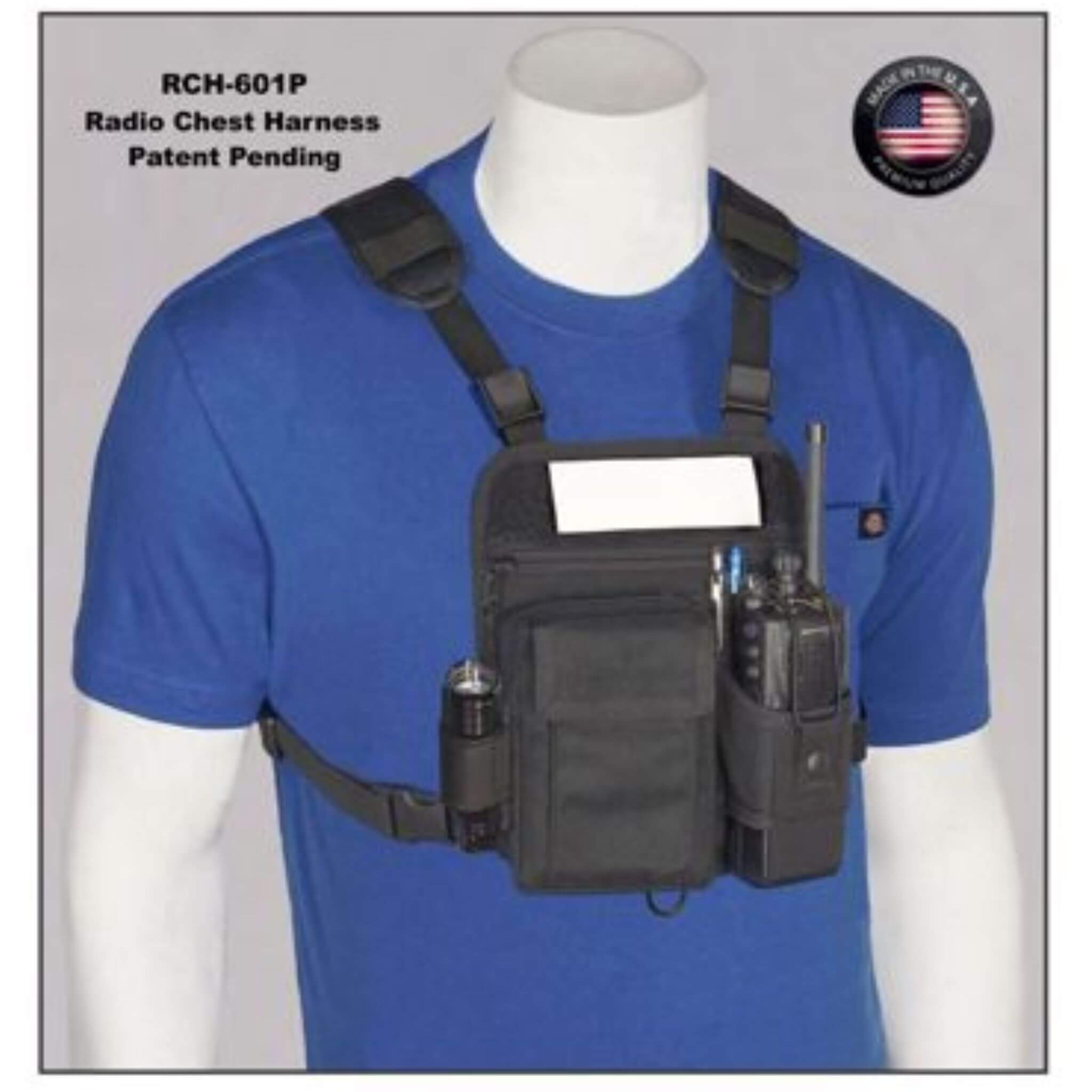 Radio chest harness RCH-601P on a mannequin with blue shirt, featuring TVP-601 temporary velcro tape, patent pending text and American flag logo.