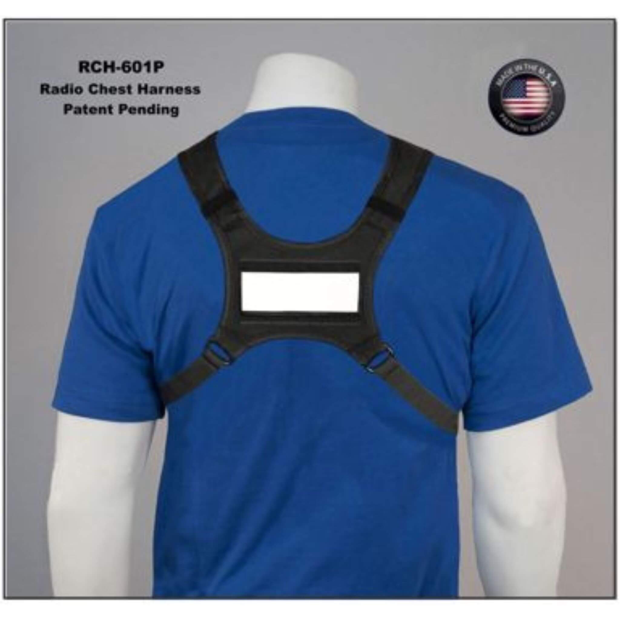 Black radio chest harness on a blue shirt with 'RCH-601P' and 'Patent Pending' text featuring TVP-601 temporary velcro tape.