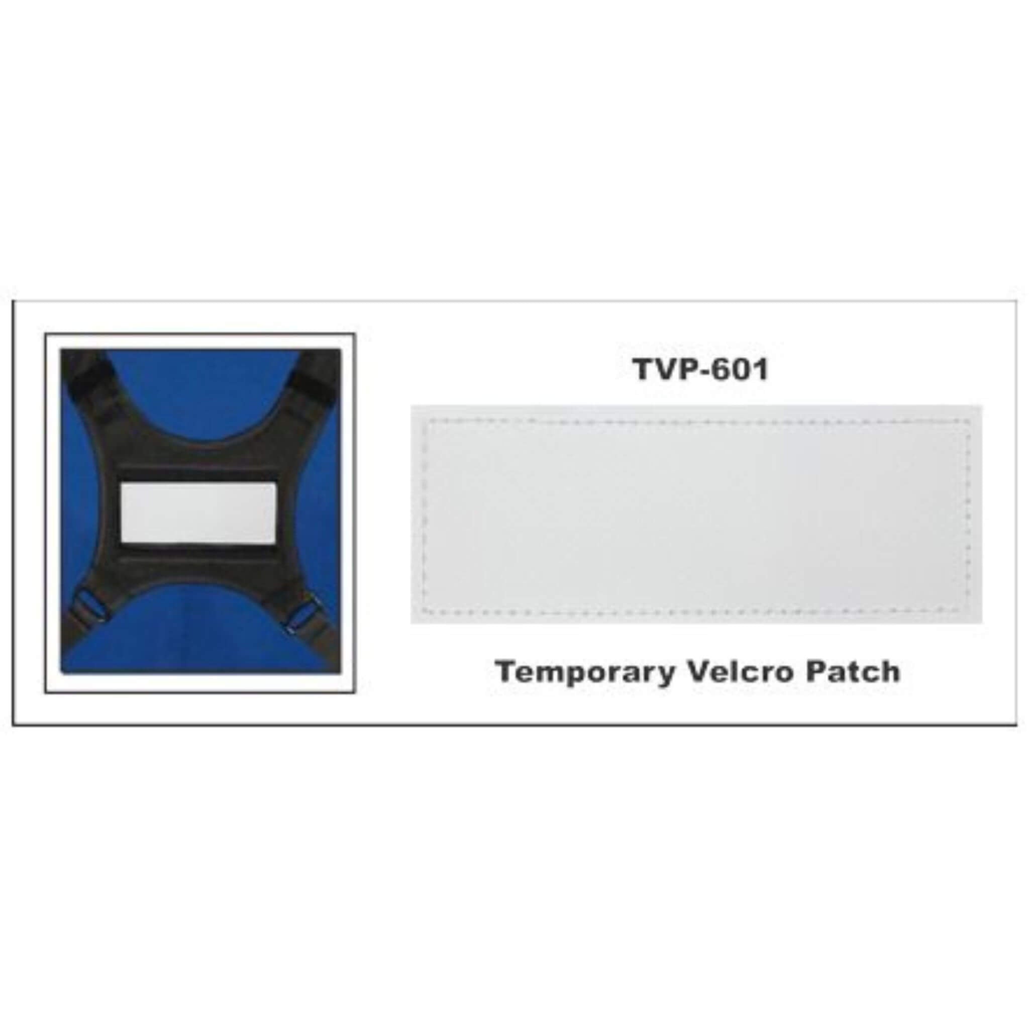 Temporary Velcro Patch with blue background and TVP-601 label
