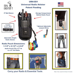 Universal Radio Holster 801 with features and usage illustrations on a white background