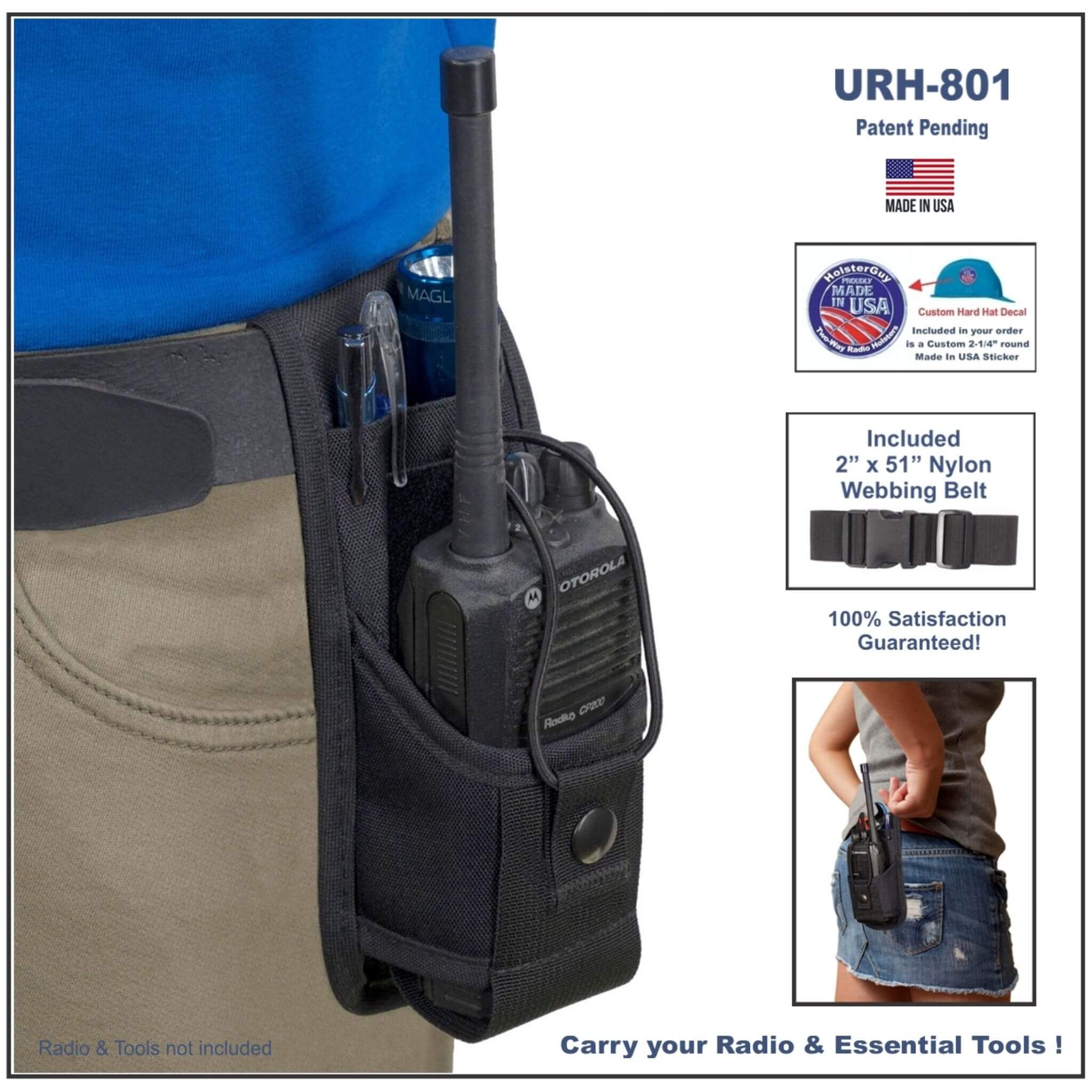 Black radio holder URH 801 with walkie-talkie on a person's waist, featuring the brand Holsterguy and product number 'URH-801'.