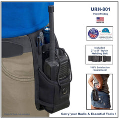 Black radio holder URH 801 with walkie-talkie on a person's waist, featuring the brand Holsterguy and product number 'URH-801'.