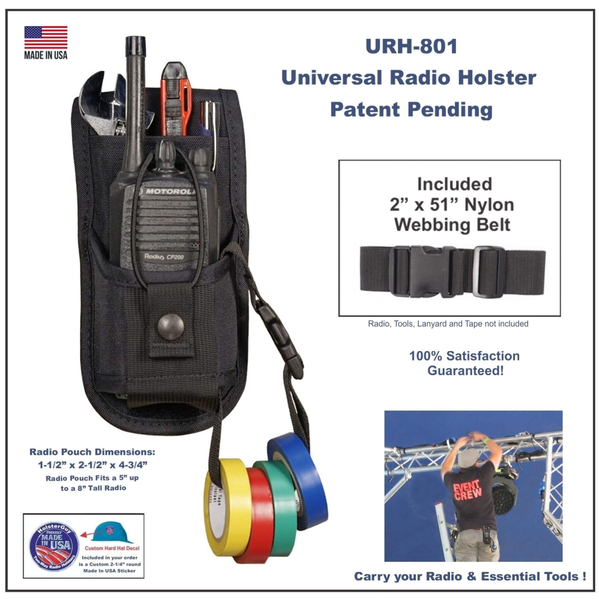 Universal Radio Holster 801 with included nylon webbing belt, featuring a Motorola radio and tools.