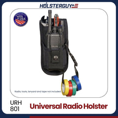 HolsterGuy Universal Radio Holster URH-801 with radio and tools on a white background