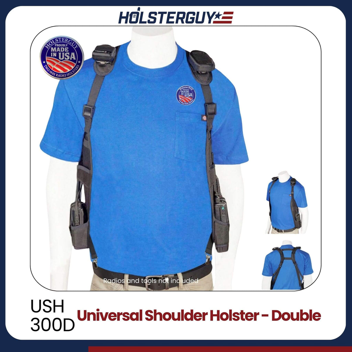 HolsterGuy Universal Shoulder Holster USH-300D on a mannequin with blue shirt and visible branding.