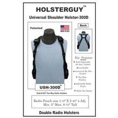 HolsterGuy Universal Shoulder Holster-300D packaging with mannequin display and feature list.