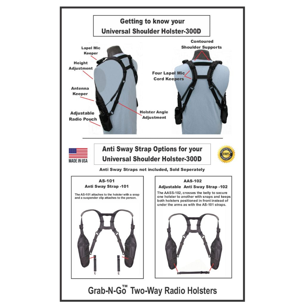 Instructional diagram of a universal shoulder holster with labeled parts and anti-sway strap options.