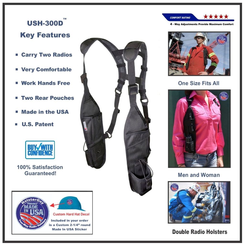 USH-300D double radio holster with key features listed on a white background