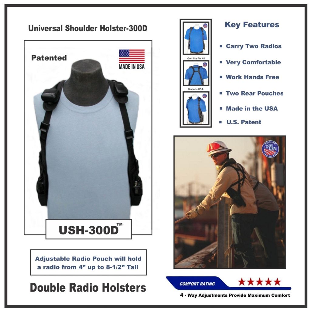 Universal Shoulder Holster-300D with key features and usage example on a white background