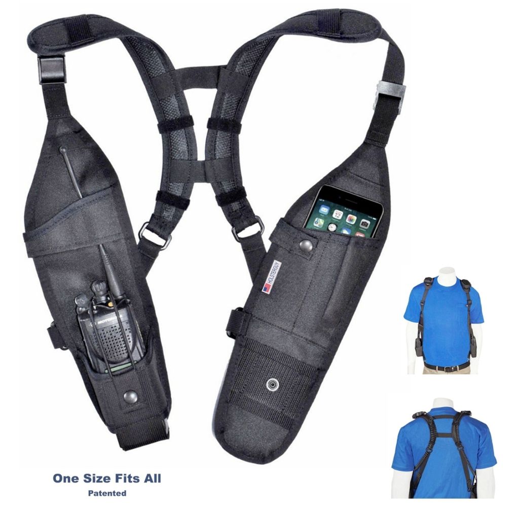 Black tactical harness with pockets and radio attachment on a white background