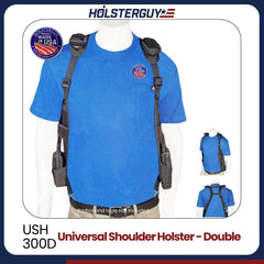 HolsterGuy Universal Shoulder Holster USH-300D on a mannequin with blue shirt and visible branding.