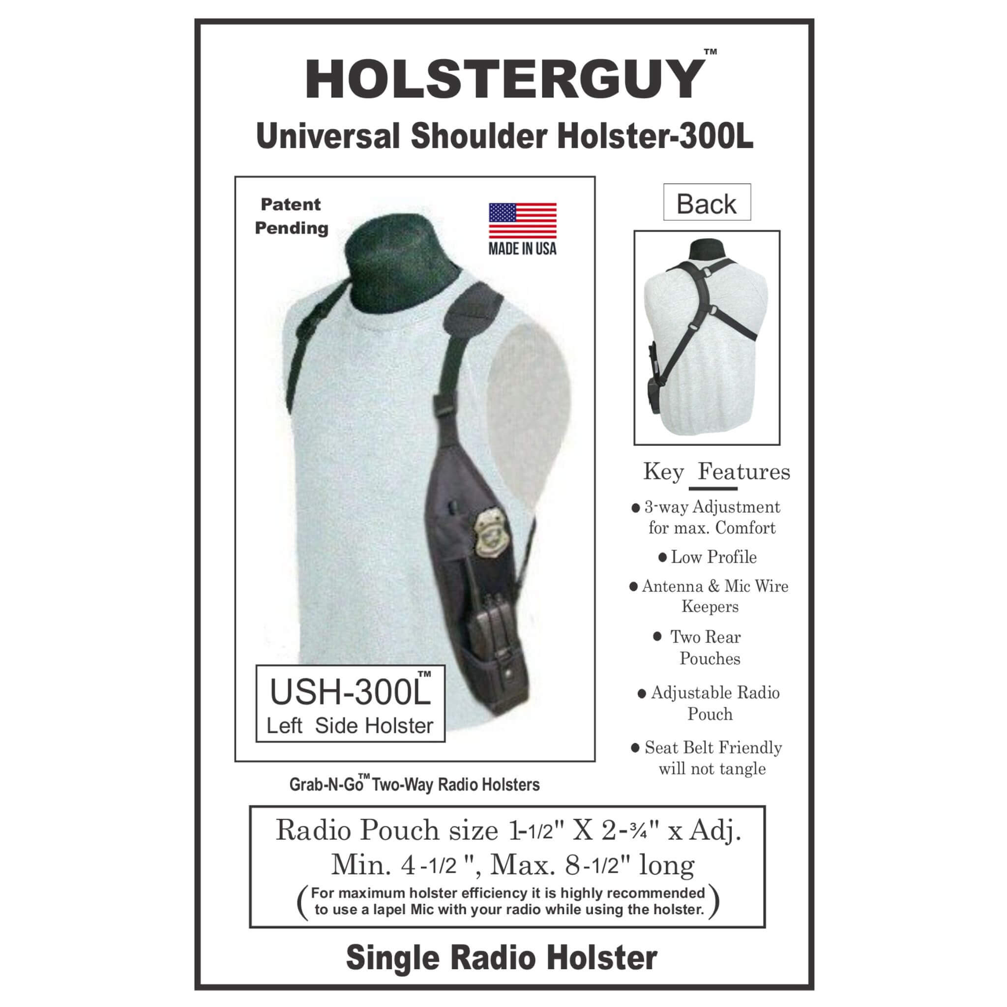 Advertisement for Holsterguy Universal Shoulder Holster-300L with product details on a white background.