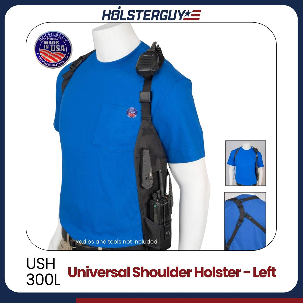 HolsterGuy Universal Shoulder Holster USH-300L on a mannequin with blue shirt, featuring the brand logo.