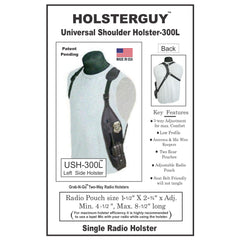 Advertisement for Holsterguy Universal Shoulder Holster-300L with product details on a white background.