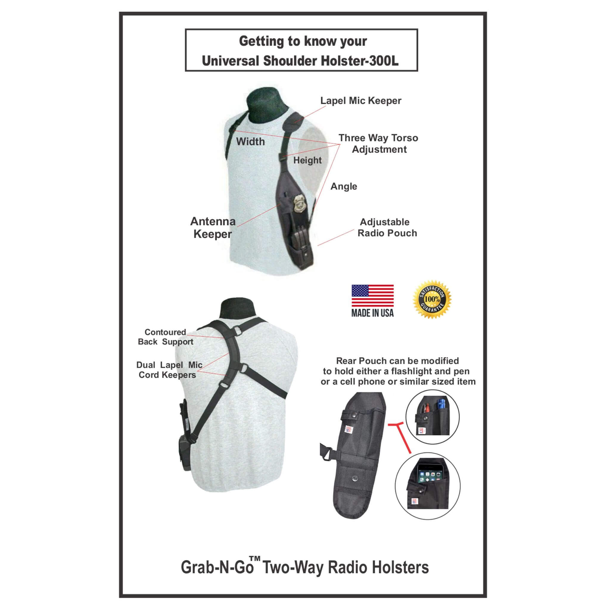 Diagram of a universal shoulder holster 300L with labeled features and branding information.