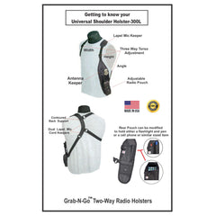Diagram of a universal shoulder holster 300L with labeled features and branding information.
