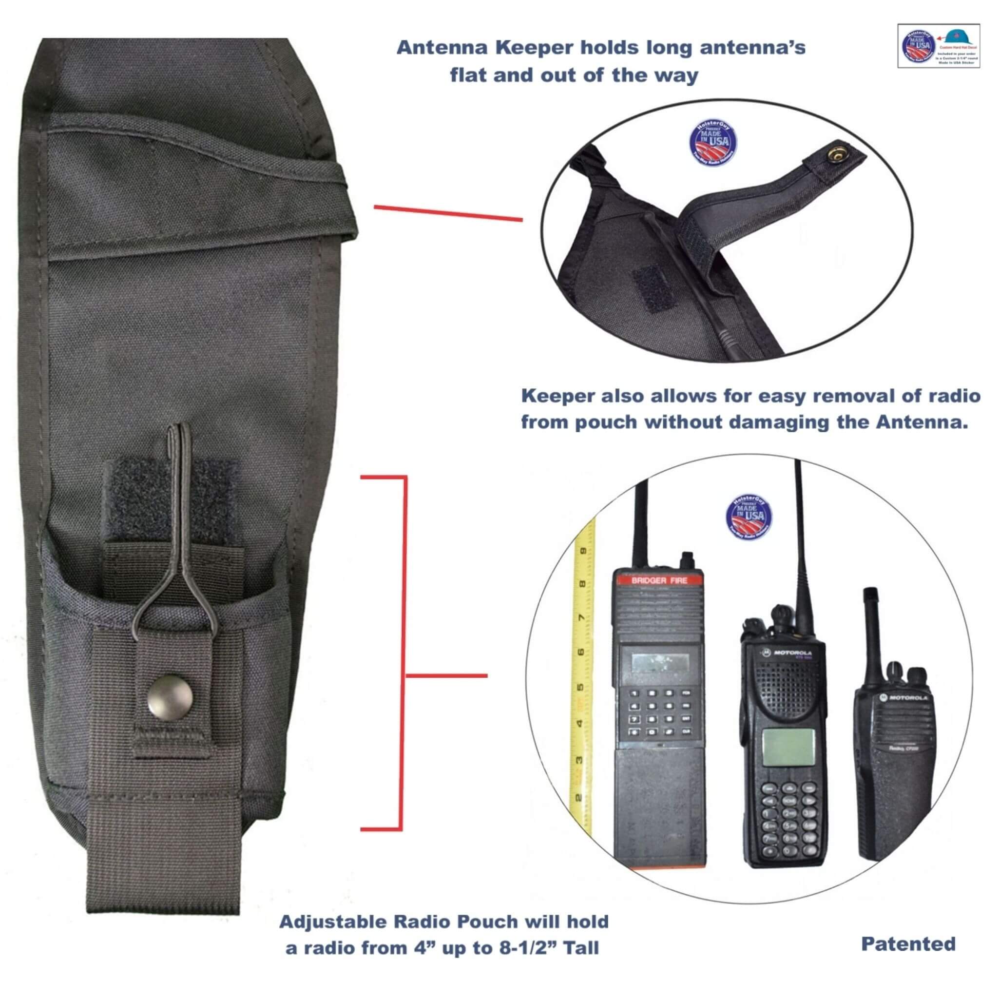 Adjustable radio pouch USH-300L with antenna keeper and measurement details on a white background