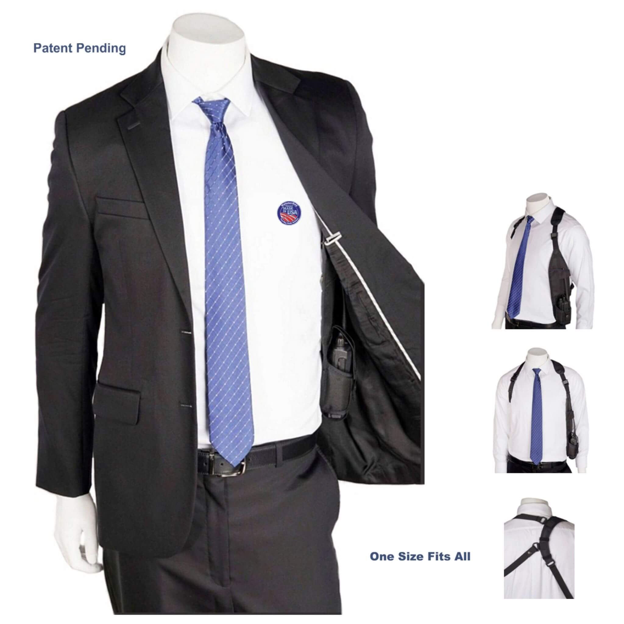 Mannequin wearing a black suit with a blue tie and a black crossbody bag USH-300L, with additional images of the product.