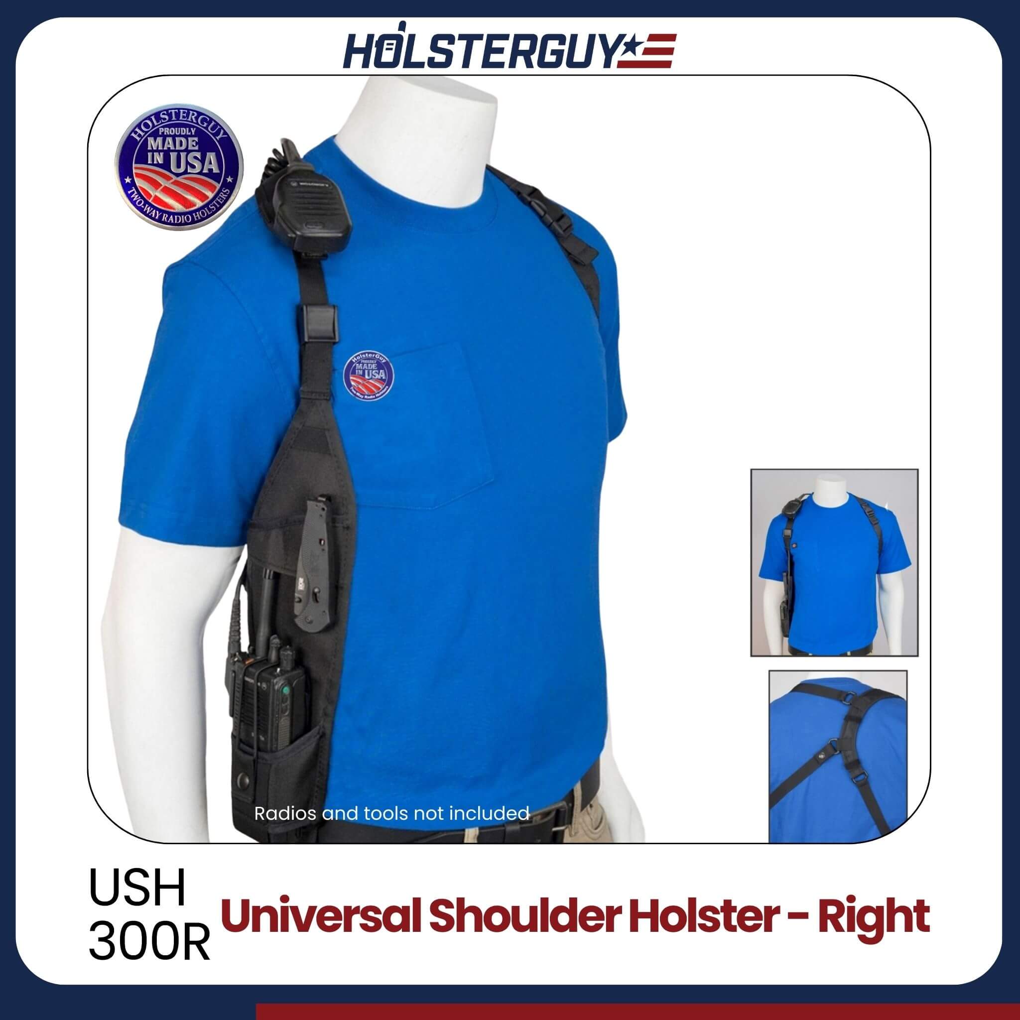 HolsterGuy Universal Shoulder Holster 300R on a mannequin with blue shirt, close-up inset, and product name text.