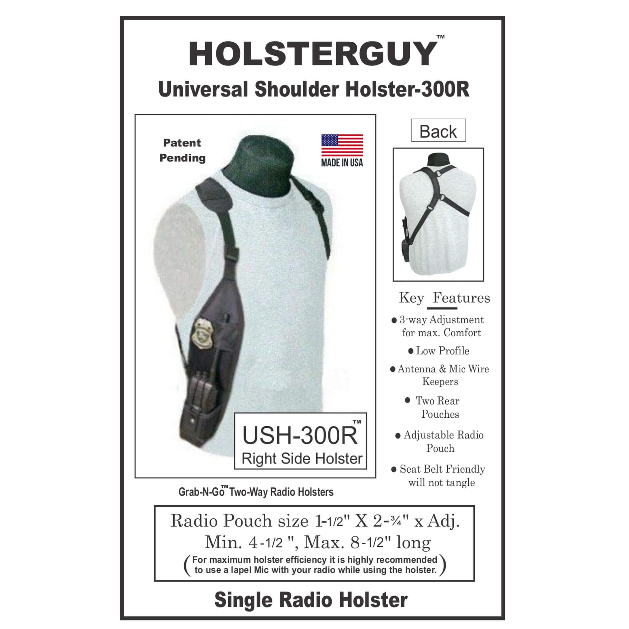 Advertisement for Holsterguy Universal Shoulder Holster-300R on a white background