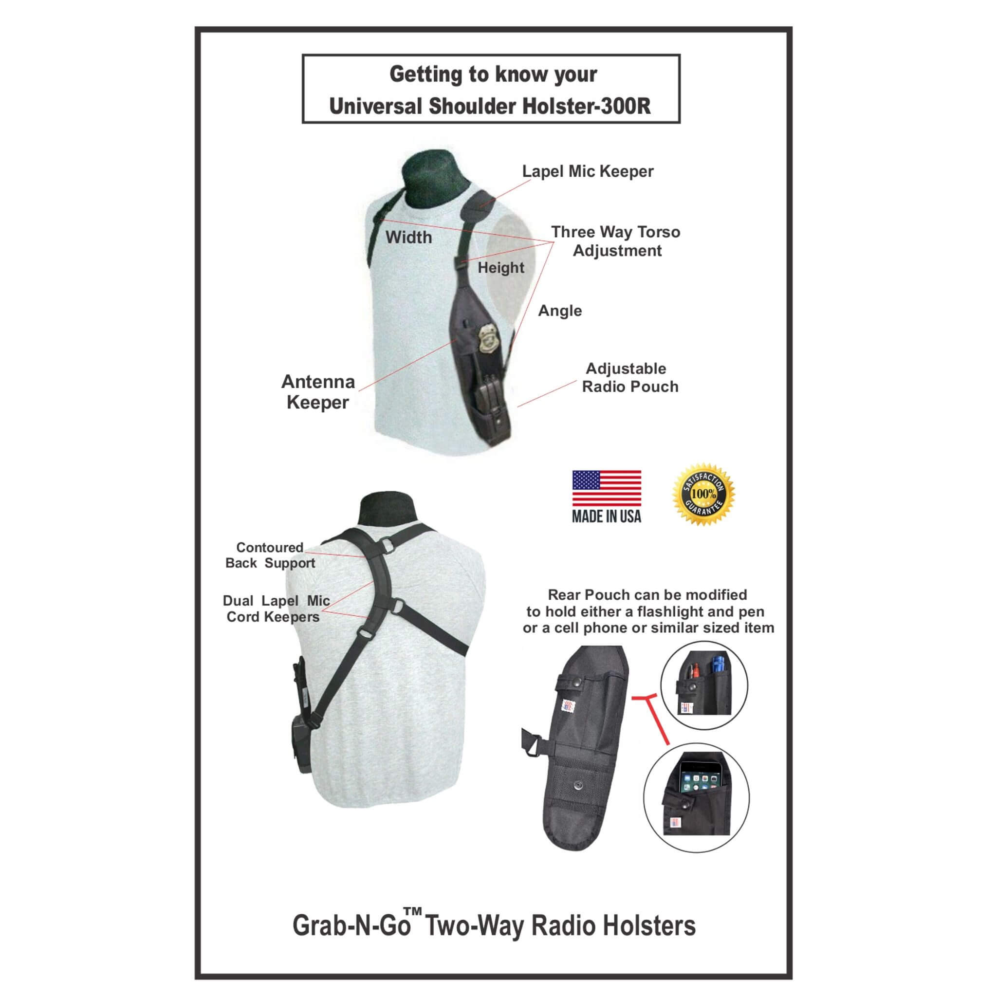 Diagram of a Universal Shoulder Holster-300R with labeled features on a white background.