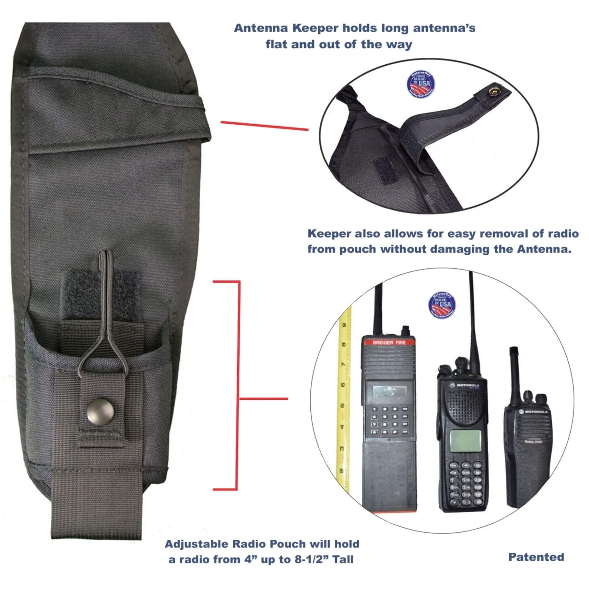 Adjustable radio pouch USH-300R with features highlighted on a white background