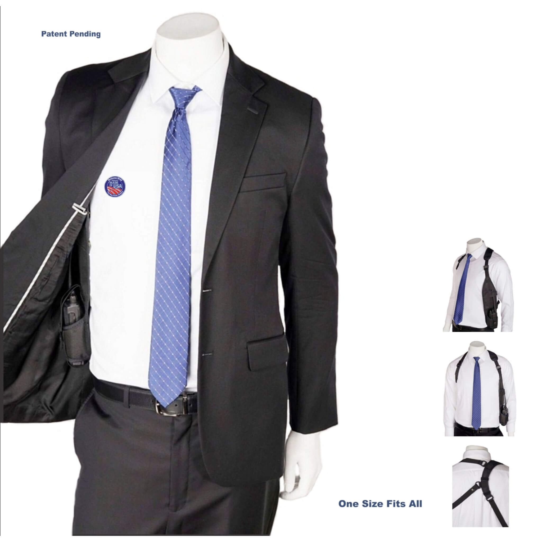 Black suit with blue tie on a mannequin against a white background wearing universal radio holster 300R
