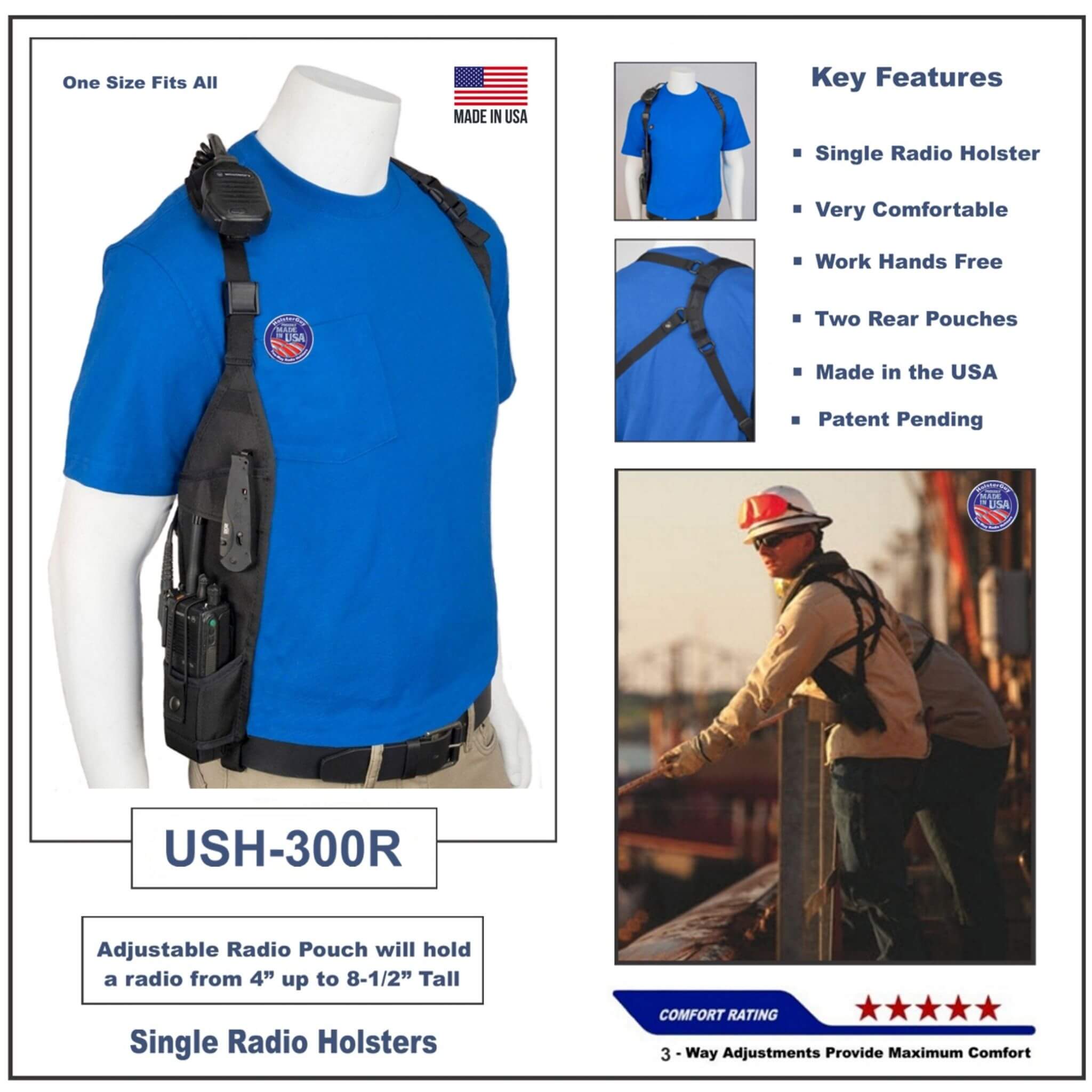 Blue shirt with universal shoulder radio holster 300R on a mannequin, featuring product details and usage scenario.
