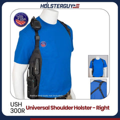 HolsterGuy Universal Shoulder Holster 300R on a mannequin with blue shirt, close-up inset, and product name text.