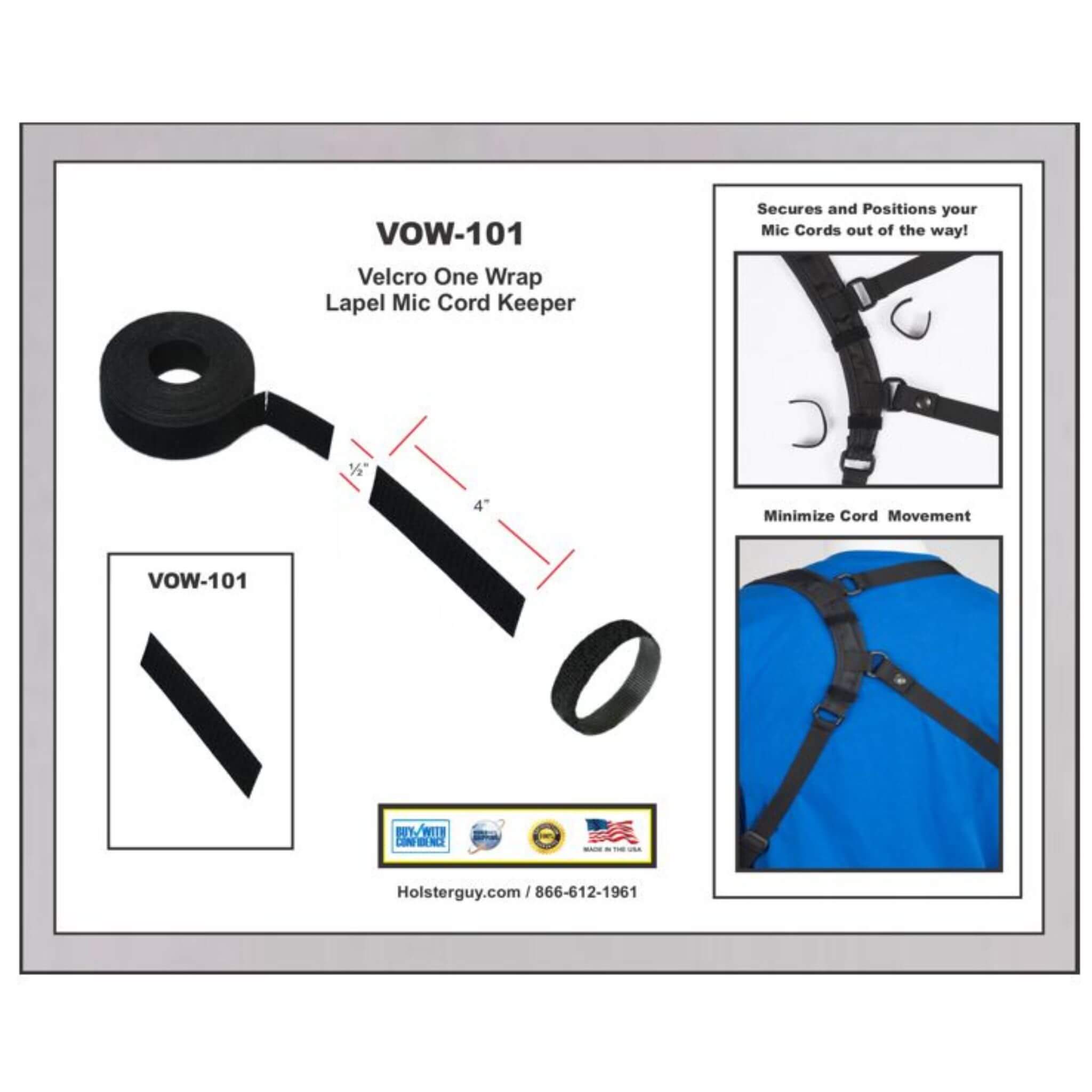 Velcro One Wrap VOW-101 Lapel Mic Cord Keeper with product details and usage illustration on a white background.