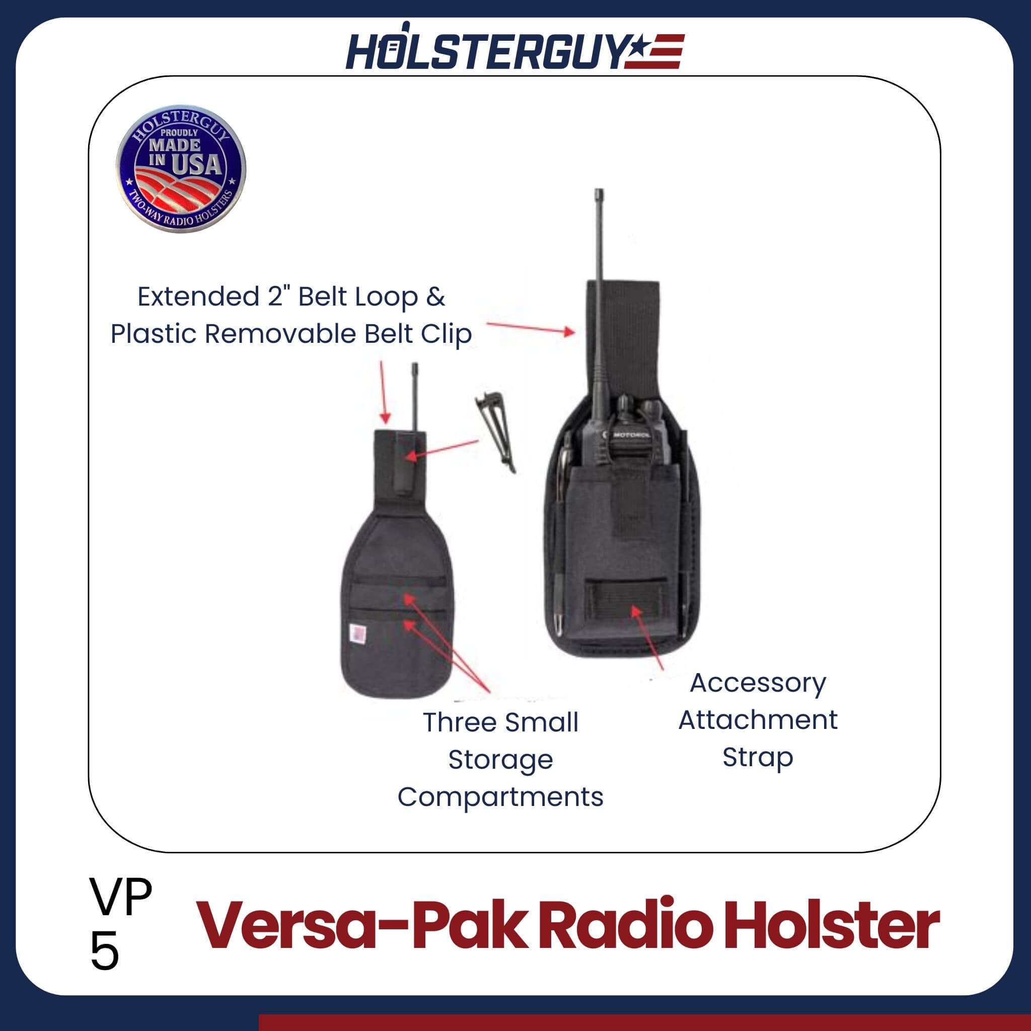 HolsterGuy Versa-Pak Radio Holster VP-5 with features highlighted on a white background